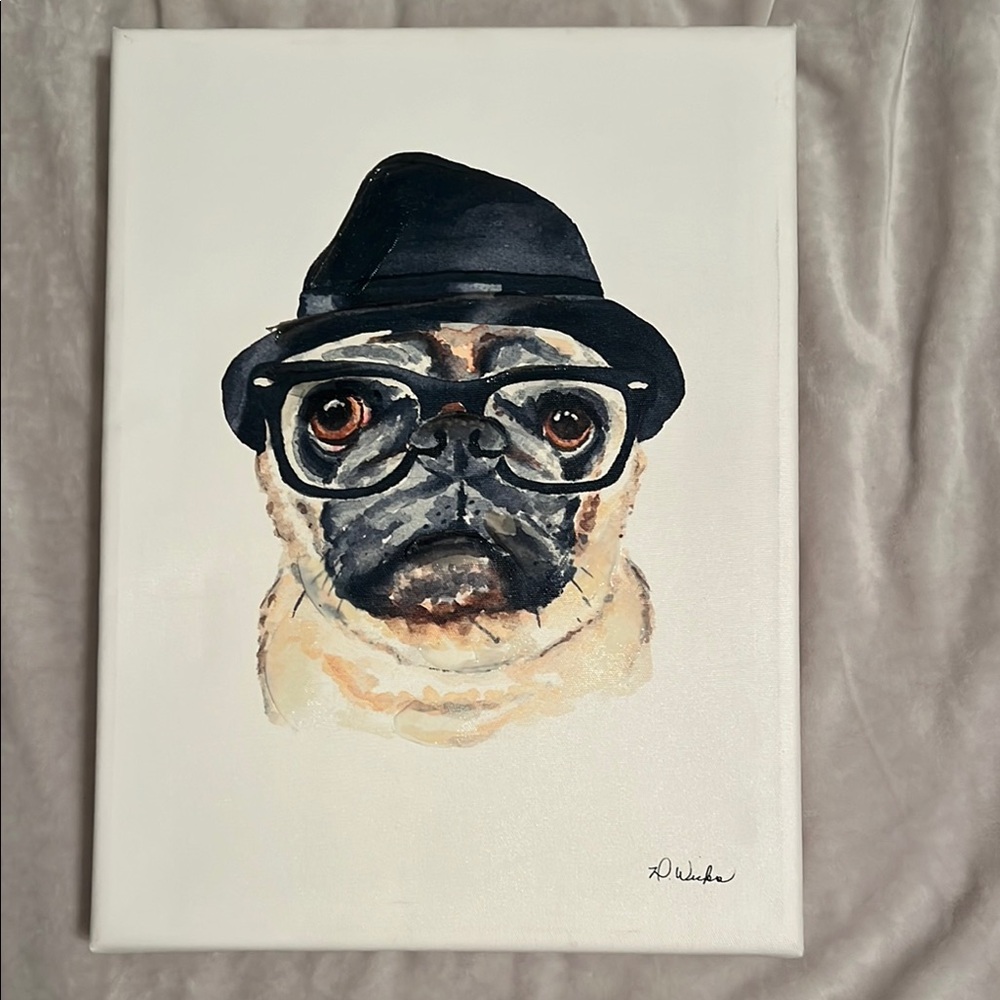 Deidre Wicks Hand Embellished Giclee Print of Pug in Glasses and Hat